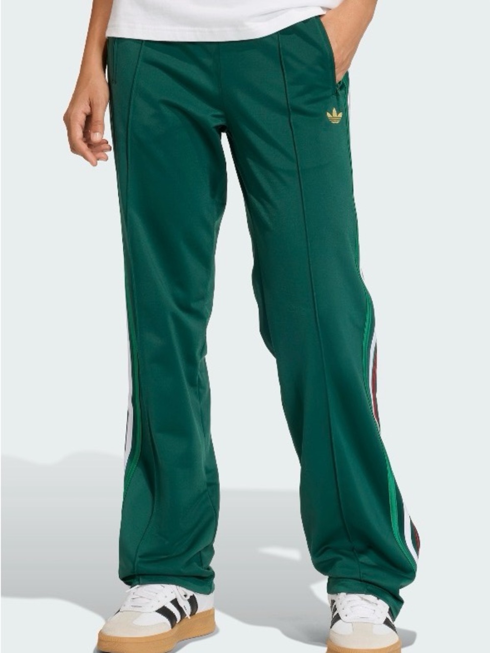 Adidas Firebird Women’s Dark Green Track Pants with Red white green stripes